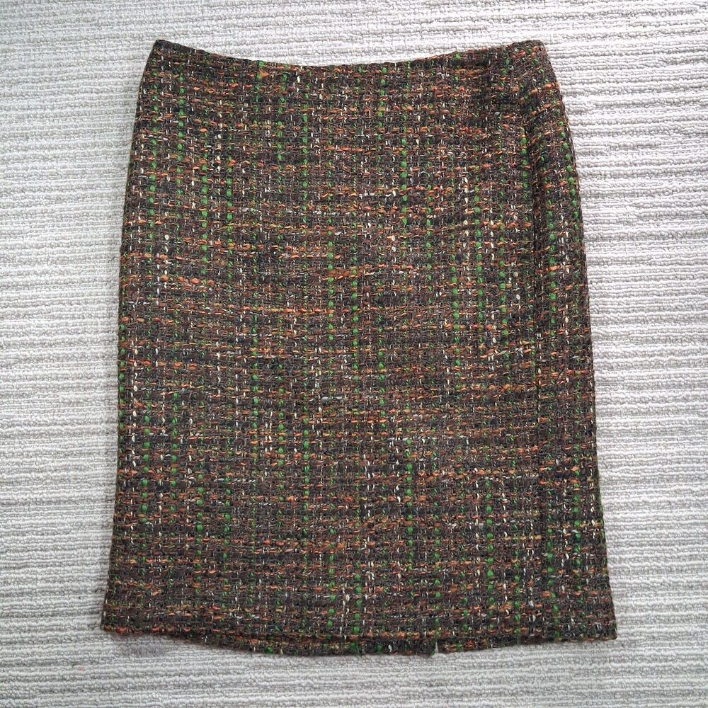 talbots petites size 4p tweed pencil skirt brown green lined straight workwear